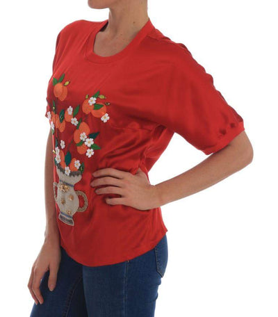 Dolce & Gabbana  Red Silk Oranges Floral Crystal Blouse #women, Brand_Dolce & Gabbana, Catch, Dolce & Gabbana, feed-agegroup-adult, feed-color-red, feed-gender-female, feed-size-IT36 | XS, feed-size-IT38 | S, Gender_Women, IT36 | XS, IT38 | S, Kogan, Red, Tops & T-Shirts - Women - Clothing, Women - New Arrivals at SEYMAYKA