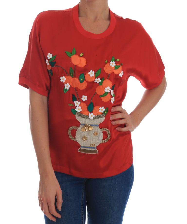 Dolce & Gabbana  Red Silk Oranges Floral Crystal Blouse #women, Brand_Dolce & Gabbana, Catch, Dolce & Gabbana, feed-agegroup-adult, feed-color-red, feed-gender-female, feed-size-IT36 | XS, feed-size-IT38 | S, Gender_Women, IT36 | XS, IT38 | S, Kogan, Red, Tops & T-Shirts - Women - Clothing, Women - New Arrivals at SEYMAYKA