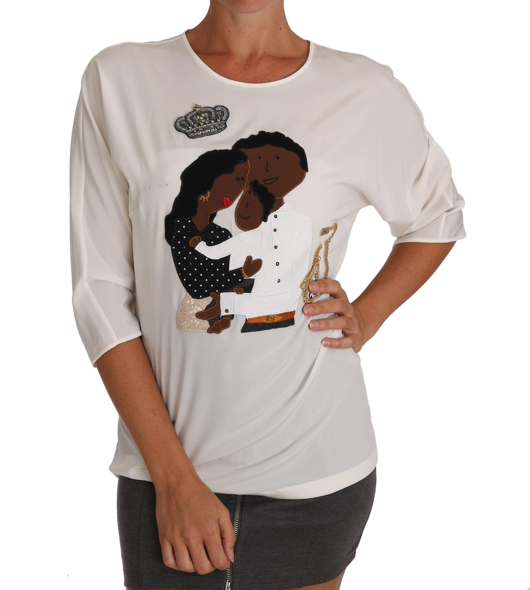 Dolce & Gabbana  White Silk #dgfamily Crystal T-shirt #women, Brand_Dolce & Gabbana, Catch, Dolce & Gabbana, feed-agegroup-adult, feed-color-white, feed-gender-female, feed-size-IT38 | S, feed-size-IT40|S, feed-size-IT44|L, Gender_Women, IT38 | S, IT40|S, IT44|L, IT46|XL, Kogan, Tops & T-Shirts - Women - Clothing, White, Women - New Arrivals at SEYMAYKA
