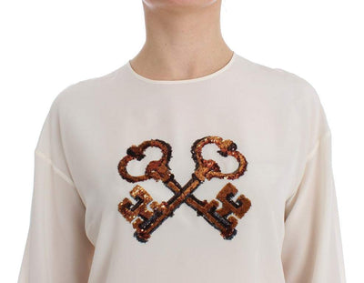 Dolce & Gabbana White Sequined Key Silk Blouse T-shirt Top #women, Dolce & Gabbana, feed-agegroup-adult, feed-color-white, feed-gender-female, feed-size-IT36 | XS, IT36 | XS, Tops & T-Shirts - Women - Clothing, White at SEYMAYKA
