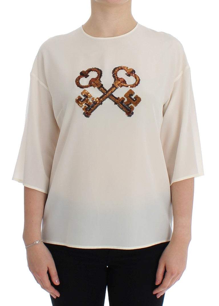 Dolce & Gabbana White Sequined Key Silk Blouse T-shirt Top #women, Dolce & Gabbana, feed-agegroup-adult, feed-color-white, feed-gender-female, feed-size-IT36 | XS, IT36 | XS, Tops & T-Shirts - Women - Clothing, White at SEYMAYKA