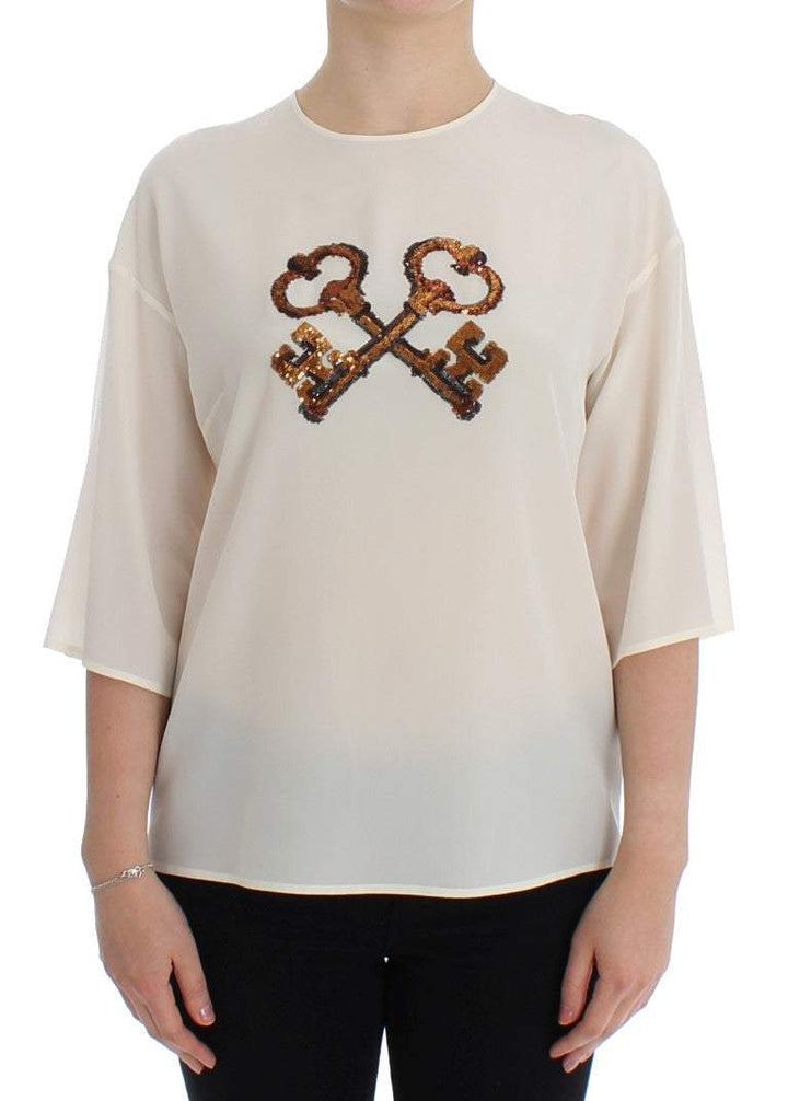 Dolce & Gabbana White Sequined Key Silk Blouse T-shirt Top #women, Dolce & Gabbana, feed-agegroup-adult, feed-color-white, feed-gender-female, feed-size-IT36 | XS, IT36 | XS, Tops & T-Shirts - Women - Clothing, White at SEYMAYKA