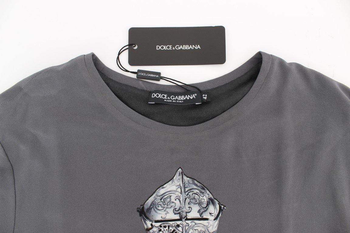 Dolce & Gabbana  Gray Knight Crown Print Silk Blouse Top #women, Brand_Dolce & Gabbana, Catch, Dolce & Gabbana, feed-agegroup-adult, feed-color-gray, feed-gender-female, feed-size-IT42|M, Gender_Women, Gray, IT42|M, Kogan, Tops & T-Shirts - Women - Clothing at SEYMAYKA