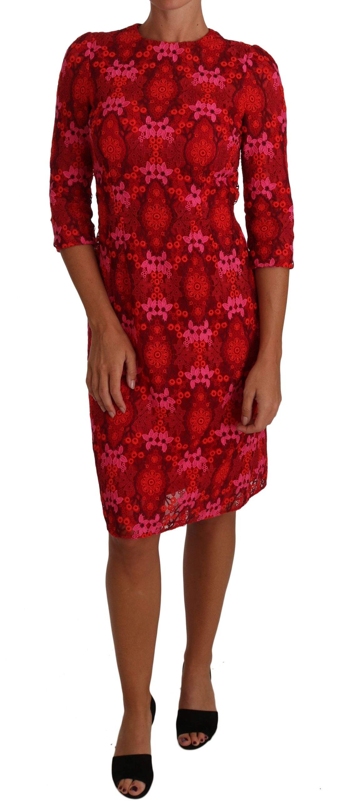 Dolce & Gabbana  Floral Crochet Lace Red Pink Sheath Dress #women, Brand_Dolce & Gabbana, Catch, Clothing_Dress, Dolce & Gabbana, Dresses - Women - Clothing, feed-agegroup-adult, feed-color-pink, feed-gender-female, feed-size-IT40|S, Gender_Women, IT40|S, Kogan, Pink, Women - New Arrivals at SEYMAYKA