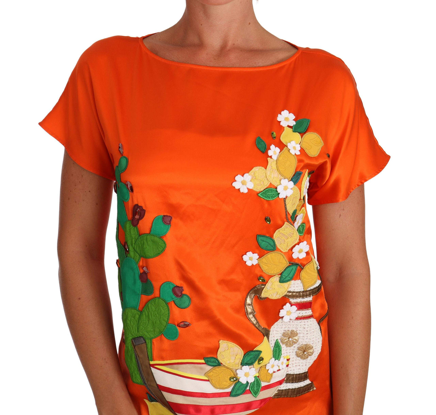 Dolce & Gabbana  Silk Orange Lemon Crystal T-shirt Top #women, Brand_Dolce & Gabbana, Catch, Dolce & Gabbana, feed-agegroup-adult, feed-color-orange, feed-gender-female, feed-size-IT36 | XS, feed-size-IT38|XS, Gender_Women, IT36 | XS, IT38|XS, Kogan, Orange, Tops & T-Shirts - Women - Clothing, Women - New Arrivals at SEYMAYKA