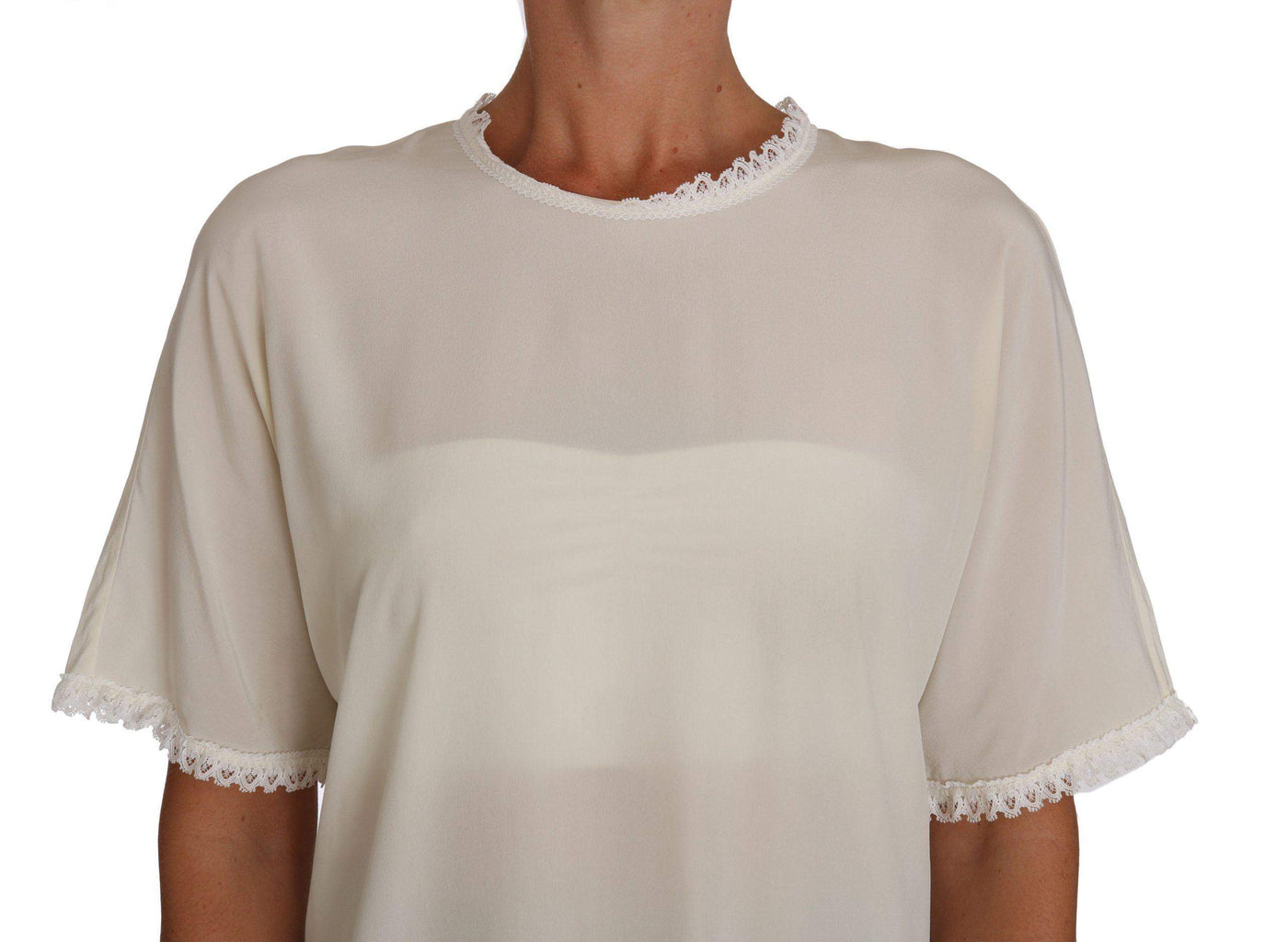 Dolce & Gabbana  White Cream Silk Lace Top Blouse T-Shirt #women, Brand_Dolce & Gabbana, Catch, Dolce & Gabbana, feed-agegroup-adult, feed-color-white, feed-gender-female, feed-size-IT44|L, Gender_Women, IT44|L, Kogan, Tops & T-Shirts - Women - Clothing, White, Women - New Arrivals at SEYMAYKA