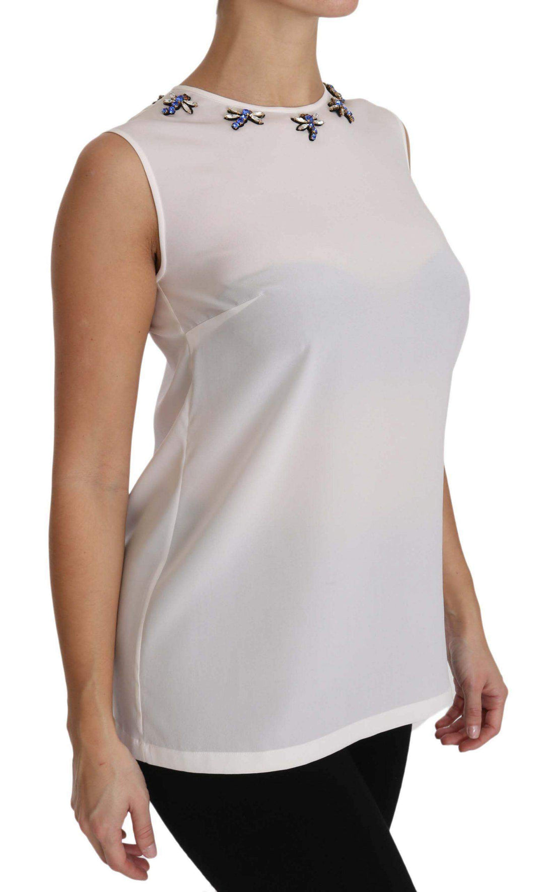 Dolce & Gabbana  White Silk Embellished Crystal Dragonfly Top #women, Brand_Dolce & Gabbana, Catch, Dolce & Gabbana, feed-agegroup-adult, feed-color-white, feed-gender-female, feed-size-IT40|S, Gender_Women, IT40|S, Kogan, Tops & T-Shirts - Women - Clothing, White, Women - New Arrivals at SEYMAYKA