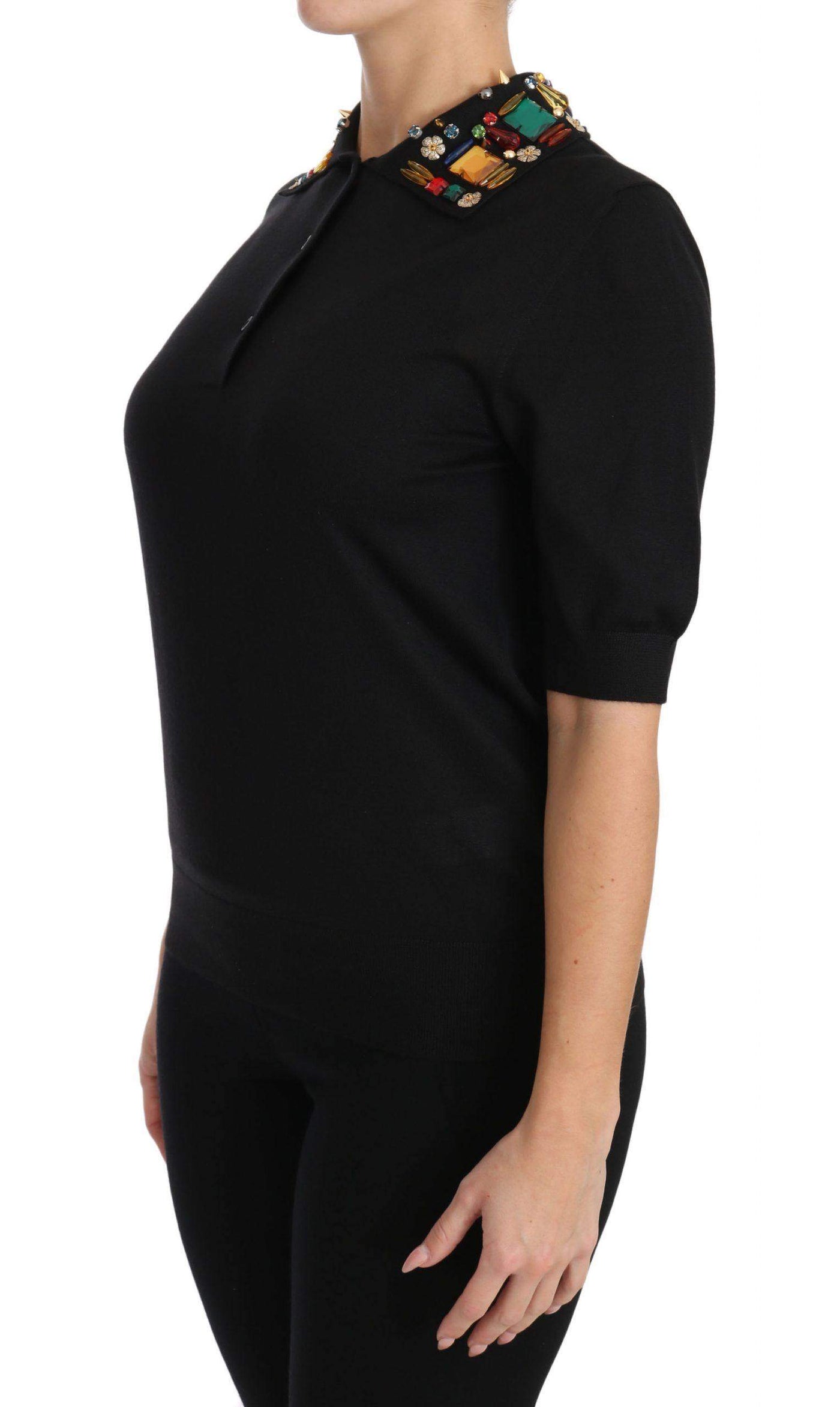 Dolce & Gabbana  Black Cashmere Crystal Collar Top T-Shirt #women, Black, Brand_Dolce & Gabbana, Catch, Dolce & Gabbana, feed-agegroup-adult, feed-color-black, feed-gender-female, feed-size-IT38|XS, feed-size-IT40|S, Gender_Women, IT38|XS, IT40|S, Kogan, Tops & T-Shirts - Women - Clothing, Women - New Arrivals at SEYMAYKA