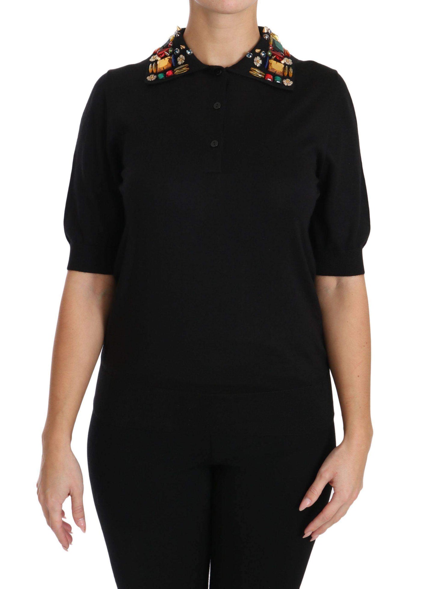 Dolce & Gabbana  Black Cashmere Crystal Collar Top T-Shirt #women, Black, Brand_Dolce & Gabbana, Catch, Dolce & Gabbana, feed-agegroup-adult, feed-color-black, feed-gender-female, feed-size-IT38|XS, feed-size-IT40|S, Gender_Women, IT38|XS, IT40|S, Kogan, Tops & T-Shirts - Women - Clothing, Women - New Arrivals at SEYMAYKA