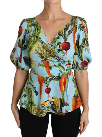 Dolce & Gabbana  Multicolor Vegetable Print Silk Top Peplum Wrap Blouse #women, Brand_Dolce & Gabbana, Catch, Dolce & Gabbana, feed-agegroup-adult, feed-color-multicolor, feed-gender-female, feed-size-IT44|L, Gender_Women, IT36 | XS, IT44|L, Kogan, Multicolor, Tops & T-Shirts - Women - Clothing, Women - New Arrivals at SEYMAYKA