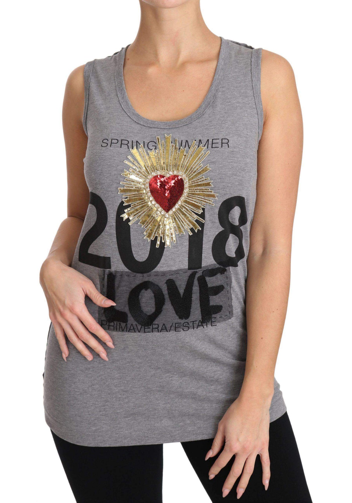Dolce & Gabbana  Gray Tank Top Crystal Sequined Heart  T-shirt #women, Brand_Dolce & Gabbana, Catch, Dolce & Gabbana, feed-agegroup-adult, feed-color-gray, feed-gender-female, feed-size-IT38|XS, Gender_Women, Gray, IT38|XS, Kogan, Tops & T-Shirts - Women - Clothing, Women - New Arrivals at SEYMAYKA