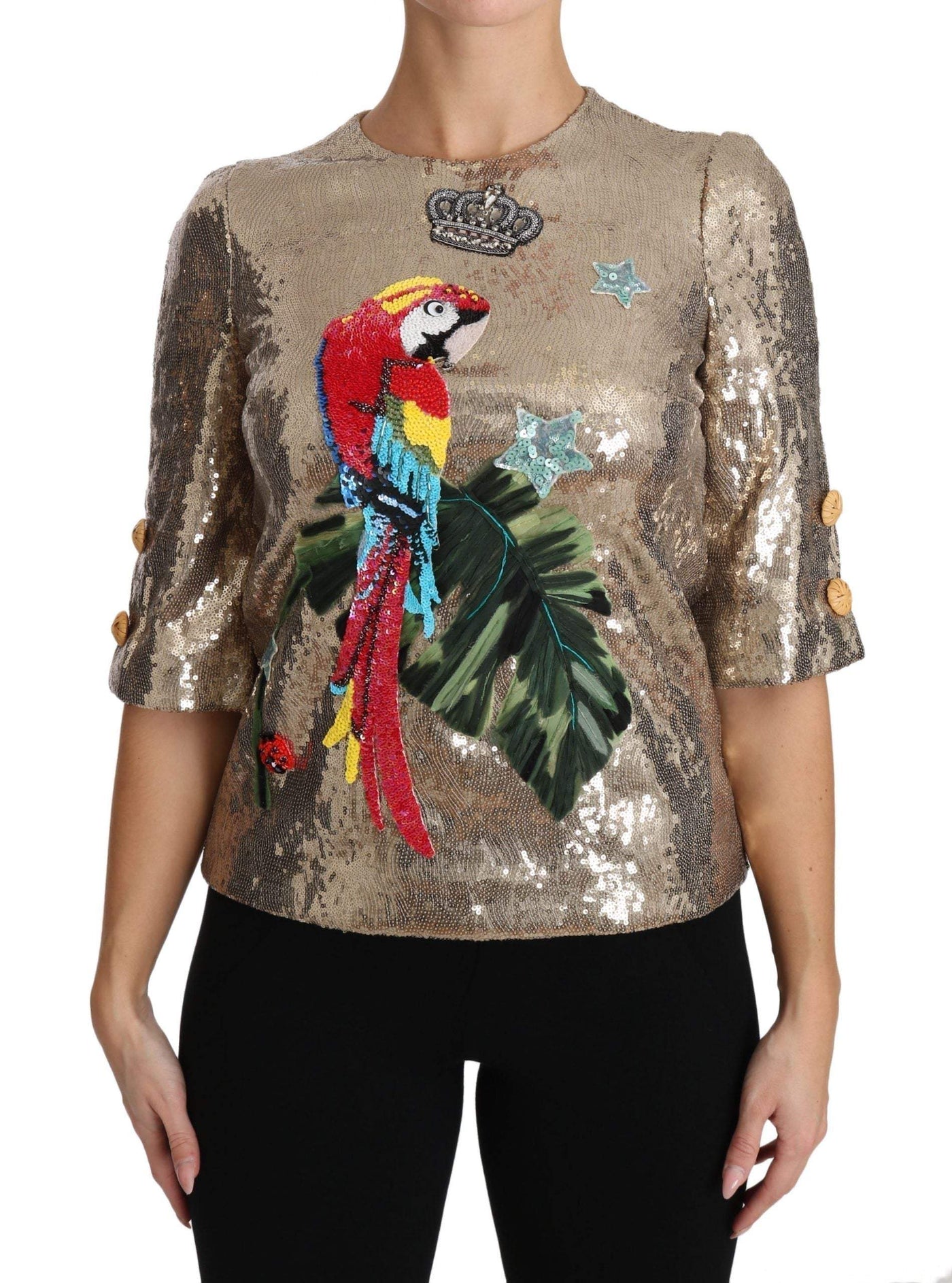 Dolce & Gabbana  Gold Sequined Parrot Crystal Blouse #women, Brand_Dolce & Gabbana, Catch, Dolce & Gabbana, feed-agegroup-adult, feed-color-gold, feed-gender-female, feed-size-IT36 | XS, feed-size-IT40|S, feed-size-IT46 | L, Gender_Women, Gold, IT36 | XS, IT40|S, IT46 | L, Kogan, Tops & T-Shirts - Women - Clothing, Women - New Arrivals at SEYMAYKA