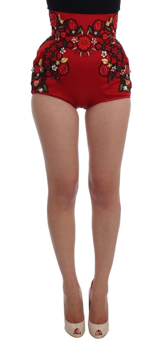 Dolce & Gabbana  Red Silk Crystal Roses Shorts #women, Brand_Dolce & Gabbana, Catch, Dolce & Gabbana, feed-agegroup-adult, feed-color-red, feed-gender-female, feed-size-IT40|S, Gender_Women, IT40|S, Kogan, Red, Shorts - Women - Clothing at SEYMAYKA