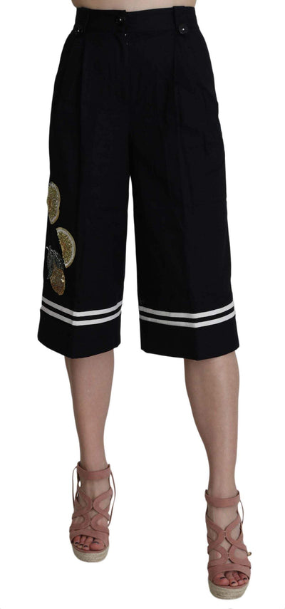 Dolce & Gabbana  Black Cotton Cropped Embellished Pants #women, Black, Brand_Dolce & Gabbana, Catch, Dolce & Gabbana, feed-agegroup-adult, feed-color-black, feed-gender-female, feed-size-IT36 | XS, feed-size-IT46|XL, Gender_Women, IT36 | XS, IT46|XL, Jeans & Pants - Women - Clothing, Kogan, Women - New Arrivals at SEYMAYKA