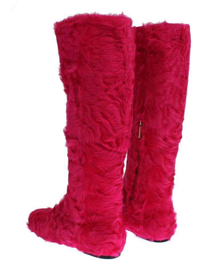 Dolce & Gabbana  Pink Lamb Fur Leather Flat Boots #women, Boots - Women - Shoes, Brand_Dolce & Gabbana, Catch, Dolce & Gabbana, EU38/US7.5, feed-agegroup-adult, feed-color-pink, feed-gender-female, feed-size-US7.5, Gender_Women, Kogan, Pink at SEYMAYKA