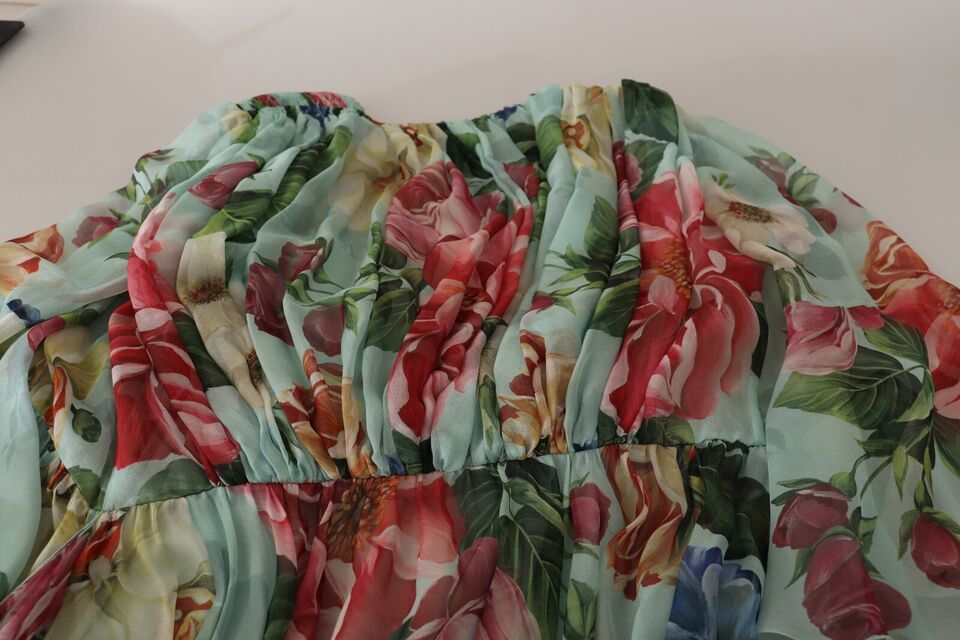 Multicolor Green Floral Silk Wrap Midi Dress