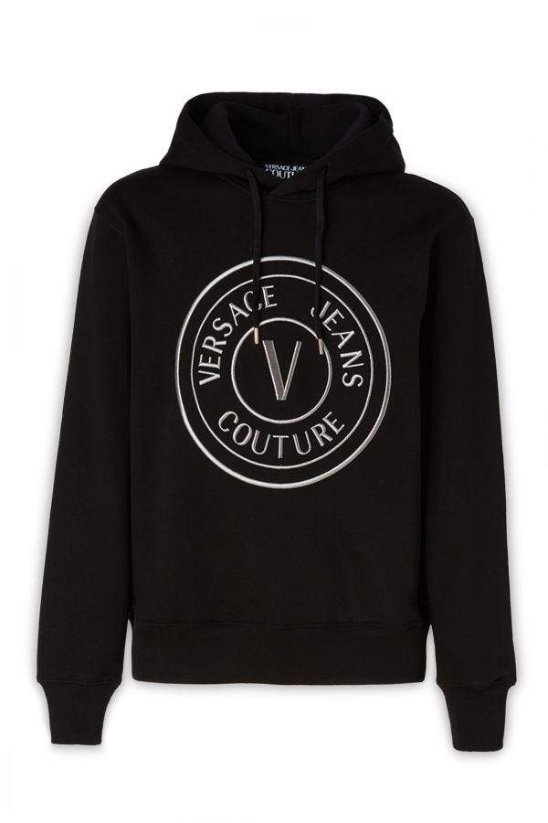 Versace Jeans Black Cotton Logo Details Hooded Sweatshirt #men, Black, feed-1, L, M, Men - New Arrivals, S, Sweaters - Men - Clothing, Versace Jeans, XL, XS at SEYMAYKA