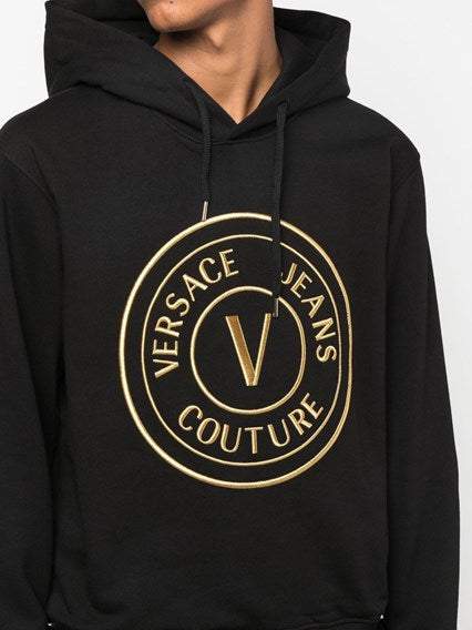 Versace Jeans Black Cotton Logo Details Hooded Sweatshirt #men, Black, feed-1, L, M, Men - New Arrivals, S, Sweaters - Men - Clothing, Versace Jeans, XL, XS at SEYMAYKA