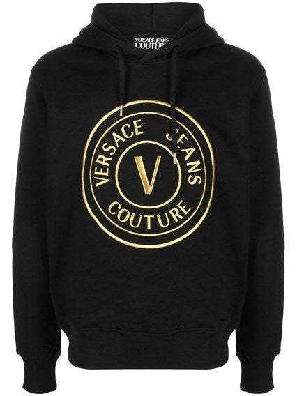 Versace Jeans Black Cotton Logo Details Hooded Sweatshirt #men, Black, feed-1, L, M, Men - New Arrivals, S, Sweaters - Men - Clothing, Versace Jeans, XL, XS at SEYMAYKA