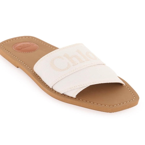 Chloé White Cotton Slides Woody Sandals