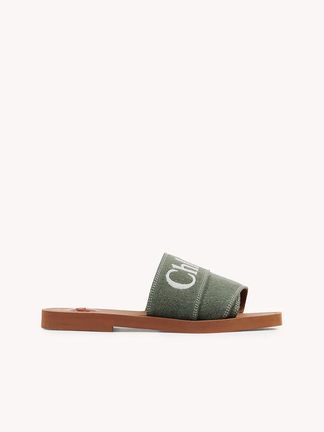 Chloé Forest Green Cotton Slides Woody Sandals
