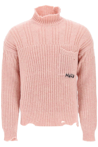 Marni funnel-neck sweater in destroyed-effect wool-0