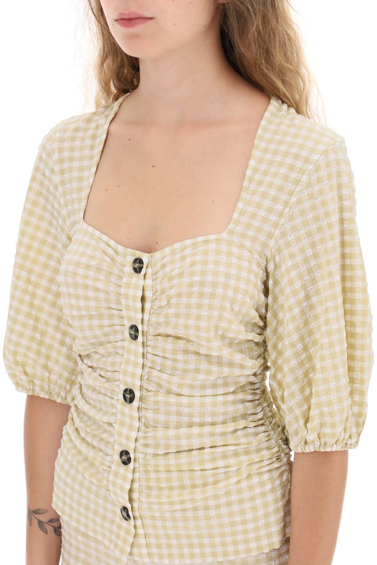 Ganni gathered blouse with gingham motif-3
