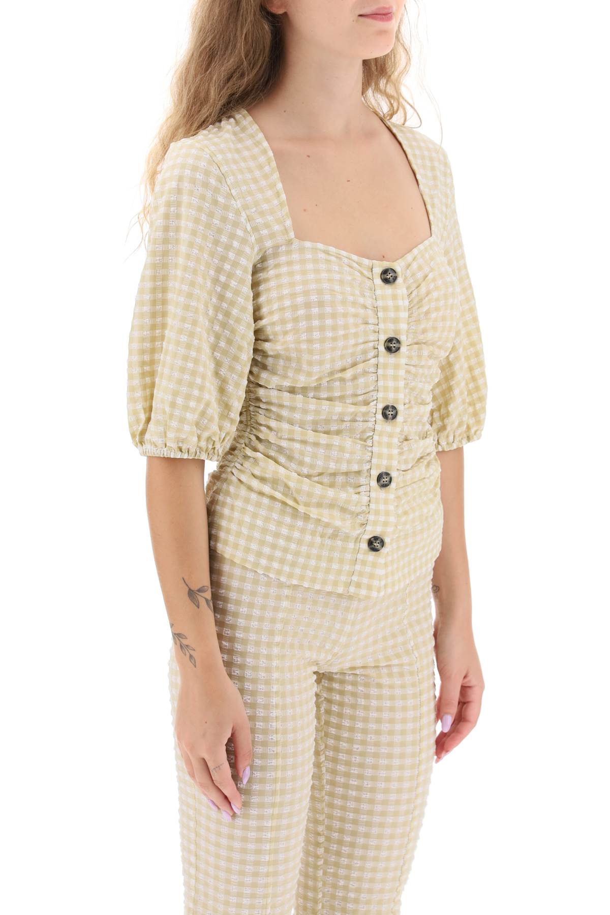 Ganni gathered blouse with gingham motif-1