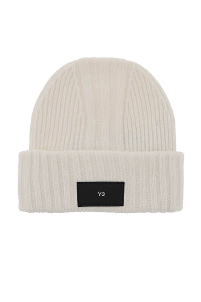 Y-3 beanie hat in ribbed wool with logo patch-0