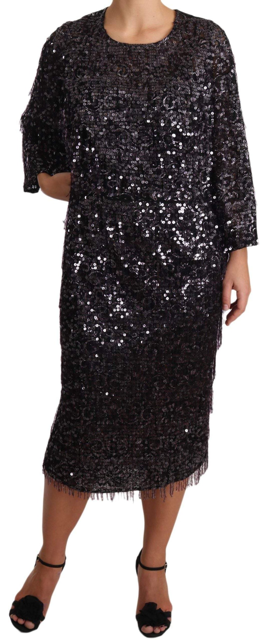 Dolce & Gabbana  Black Sequined Long Sleeve Shift Midi Dress #women, Black, Brand_Dolce & Gabbana, Catch, Clothing_Dress, Dolce & Gabbana, Dresses - Women - Clothing, feed-agegroup-adult, feed-color-black, feed-gender-female, feed-size-IT42|M, Gender_Women, IT42|M, Kogan, Women - New Arrivals at SEYMAYKA