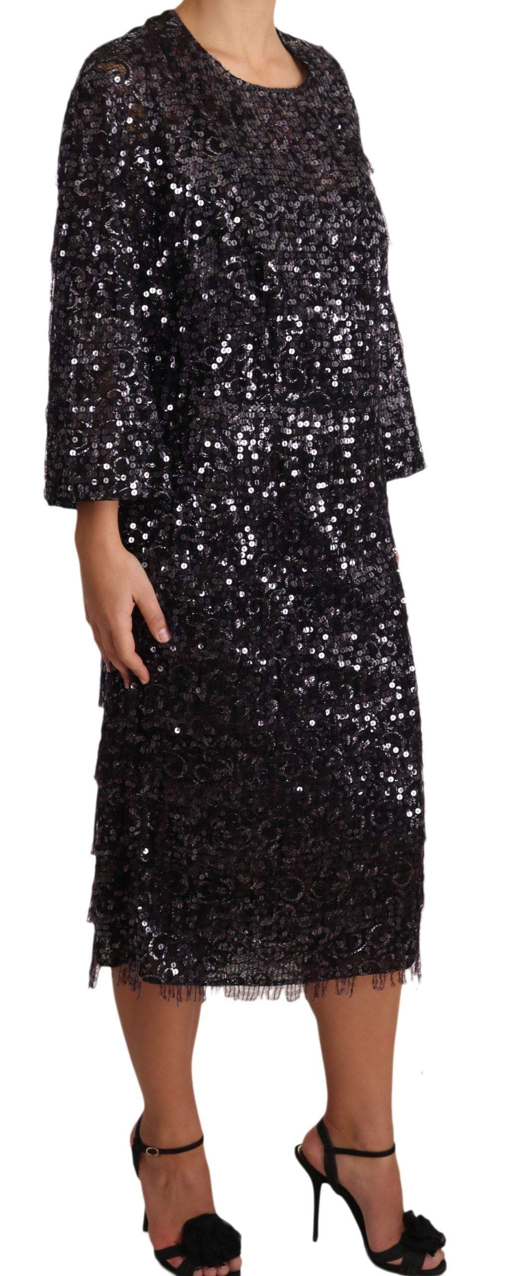 Dolce & Gabbana  Black Sequined Long Sleeve Shift Midi Dress #women, Black, Brand_Dolce & Gabbana, Catch, Clothing_Dress, Dolce & Gabbana, Dresses - Women - Clothing, feed-agegroup-adult, feed-color-black, feed-gender-female, feed-size-IT42|M, Gender_Women, IT42|M, Kogan, Women - New Arrivals at SEYMAYKA