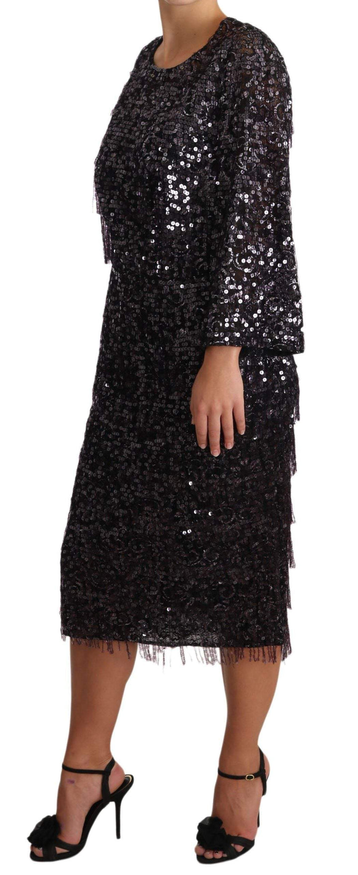 Dolce & Gabbana  Black Sequined Long Sleeve Shift Midi Dress #women, Black, Brand_Dolce & Gabbana, Catch, Clothing_Dress, Dolce & Gabbana, Dresses - Women - Clothing, feed-agegroup-adult, feed-color-black, feed-gender-female, feed-size-IT42|M, Gender_Women, IT42|M, Kogan, Women - New Arrivals at SEYMAYKA