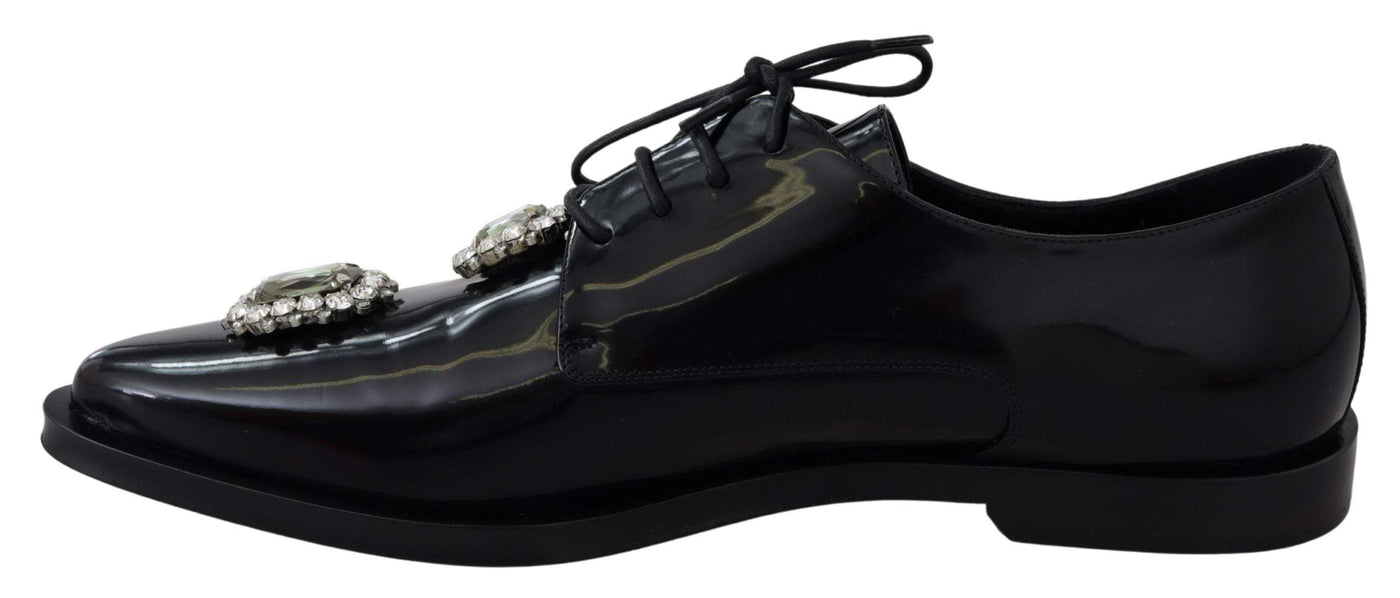 Dolce & Gabbana Black Leather Crystal Lace Up Formal Shoes #women, Black, Dolce & Gabbana, EU41/US10.5, feed-agegroup-adult, feed-color-Black, feed-gender-female, Flat Shoes - Women - Shoes, Shoes - New Arrivals at SEYMAYKA