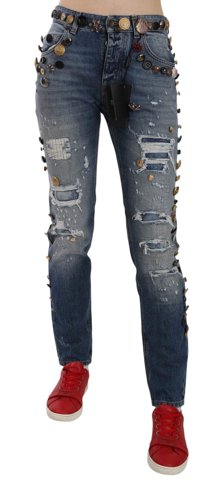 Dolce & Gabbana  Distressed Embellished Buttons Denim Pants Jeans #women, Blue, Brand_Dolce & Gabbana, Catch, Dolce & Gabbana, feed-agegroup-adult, feed-color-blue, feed-gender-female, feed-size-IT38|XS, Gender_Women, IT38|XS, Jeans & Pants - Women - Clothing, Kogan, Women - New Arrivals at SEYMAYKA