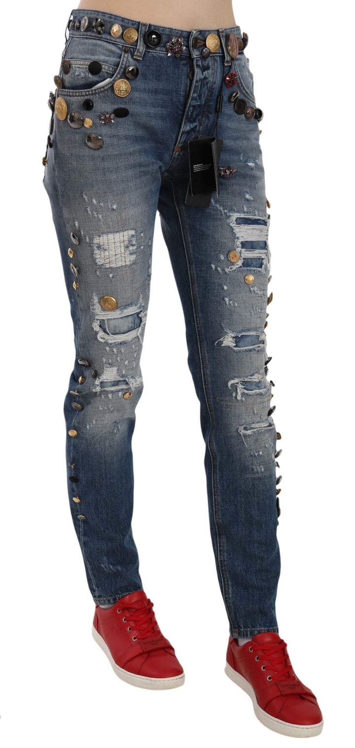 Dolce & Gabbana  Distressed Embellished Buttons Denim Pants Jeans #women, Blue, Brand_Dolce & Gabbana, Catch, Dolce & Gabbana, feed-agegroup-adult, feed-color-blue, feed-gender-female, feed-size-IT38|XS, Gender_Women, IT38|XS, Jeans & Pants - Women - Clothing, Kogan, Women - New Arrivals at SEYMAYKA