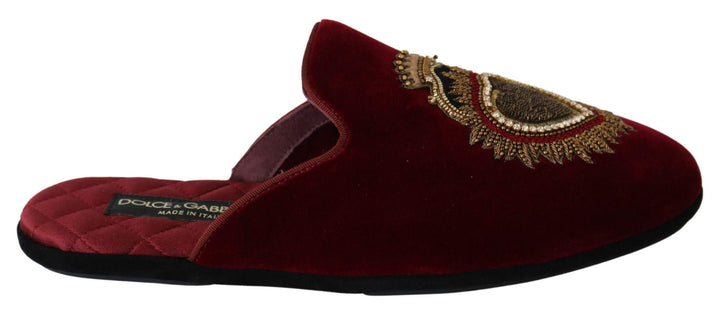 Dolce & Gabbana Red Velvet Sacred Heart Embroidery Slides Shoes #men, Brand_Dolce & Gabbana, Dolce & Gabbana, EU39/US6, feed-agegroup-adult, feed-color-red, feed-gender-male, feed-size-US6, Gender_Men, Red, Sandals - Men - Shoes, Shoes - New Arrivals at SEYMAYKA