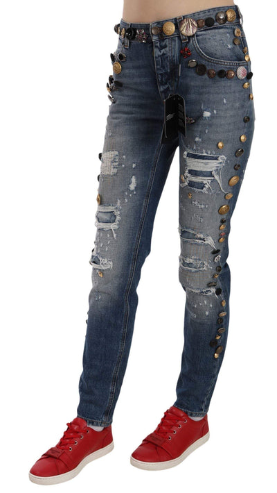 Dolce & Gabbana  Distressed Embellished Buttons Denim Pants Jeans #women, Blue, Brand_Dolce & Gabbana, Catch, Dolce & Gabbana, feed-agegroup-adult, feed-color-blue, feed-gender-female, feed-size-IT38|XS, Gender_Women, IT38|XS, Jeans & Pants - Women - Clothing, Kogan, Women - New Arrivals at SEYMAYKA