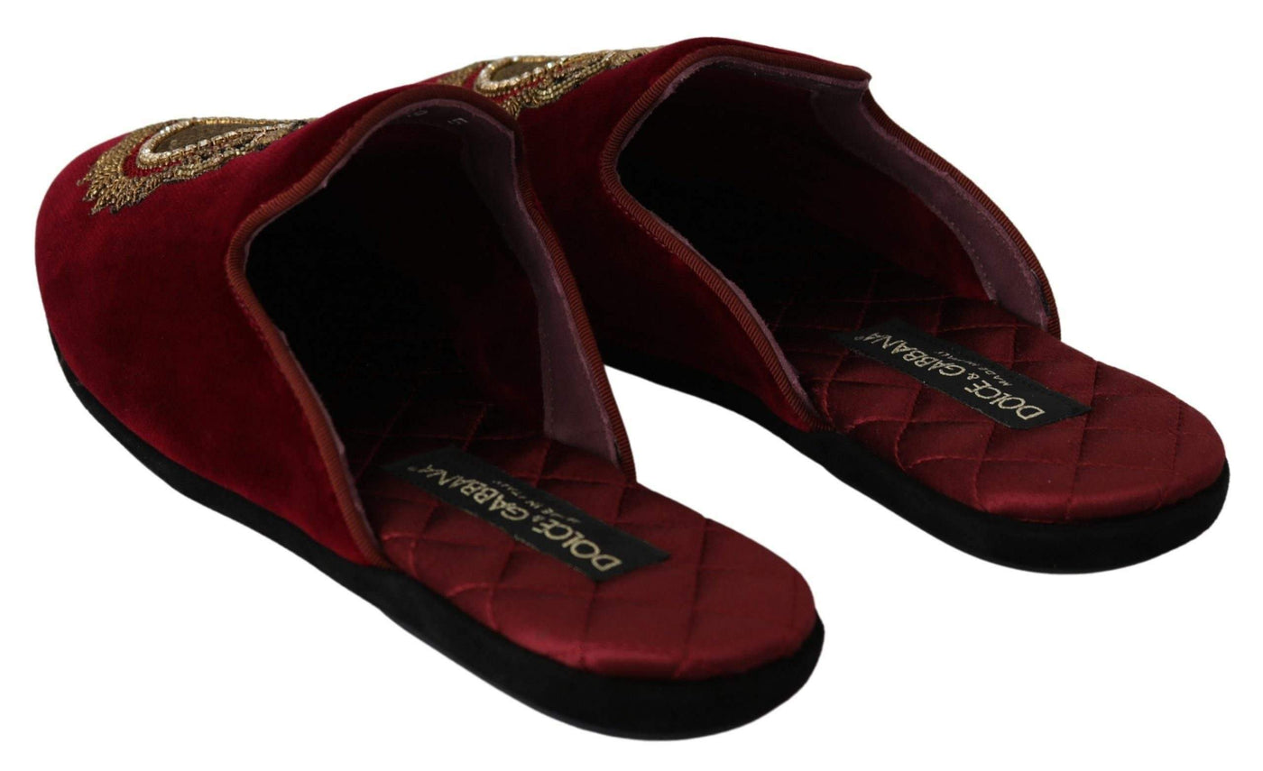 Dolce & Gabbana Red Velvet Sacred Heart Embroidery Slides Shoes #men, Brand_Dolce & Gabbana, Dolce & Gabbana, EU39/US6, feed-agegroup-adult, feed-color-red, feed-gender-male, feed-size-US6, Gender_Men, Red, Sandals - Men - Shoes, Shoes - New Arrivals at SEYMAYKA