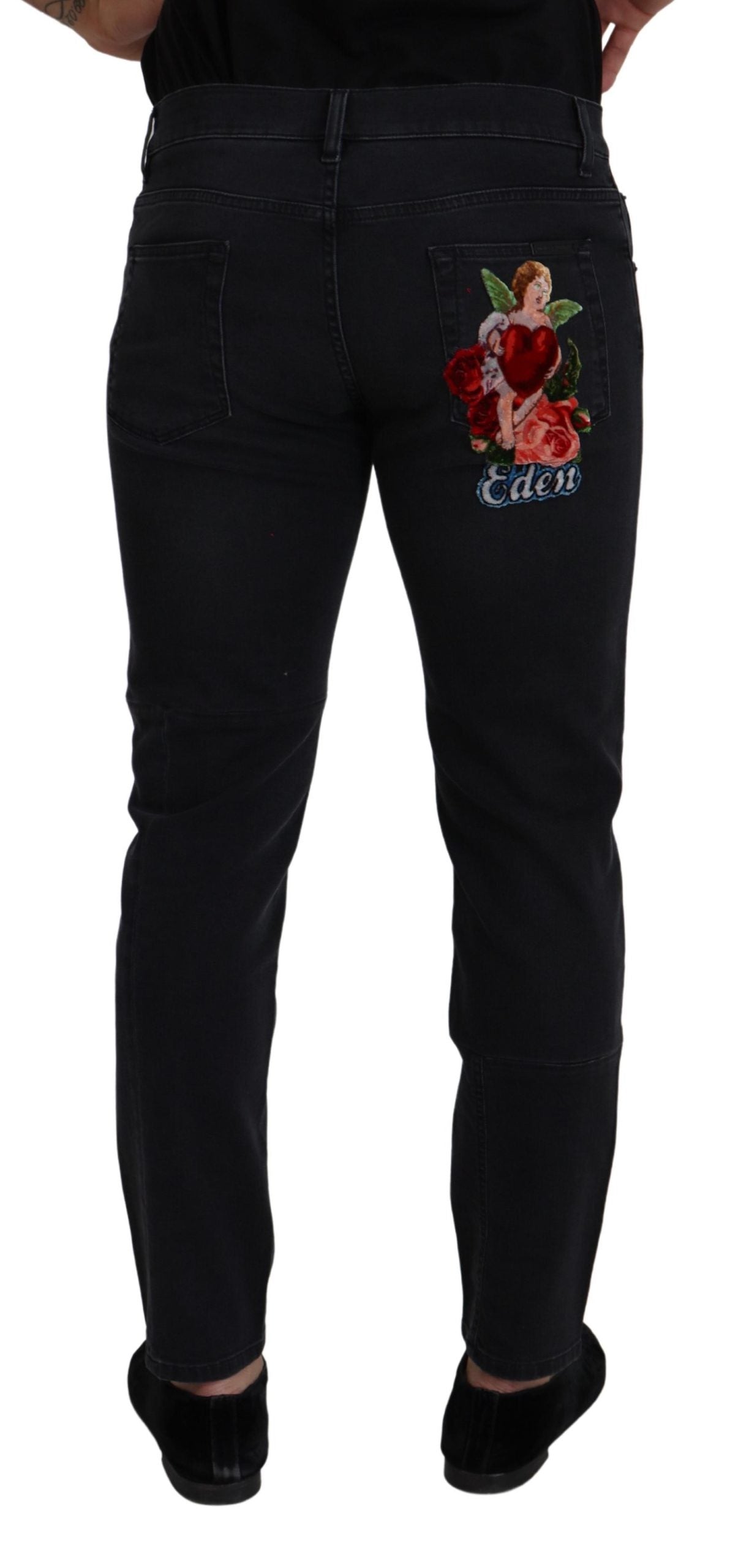 Dolce & Gabbana Black Cotton Patch Embroidery Denim Jeans