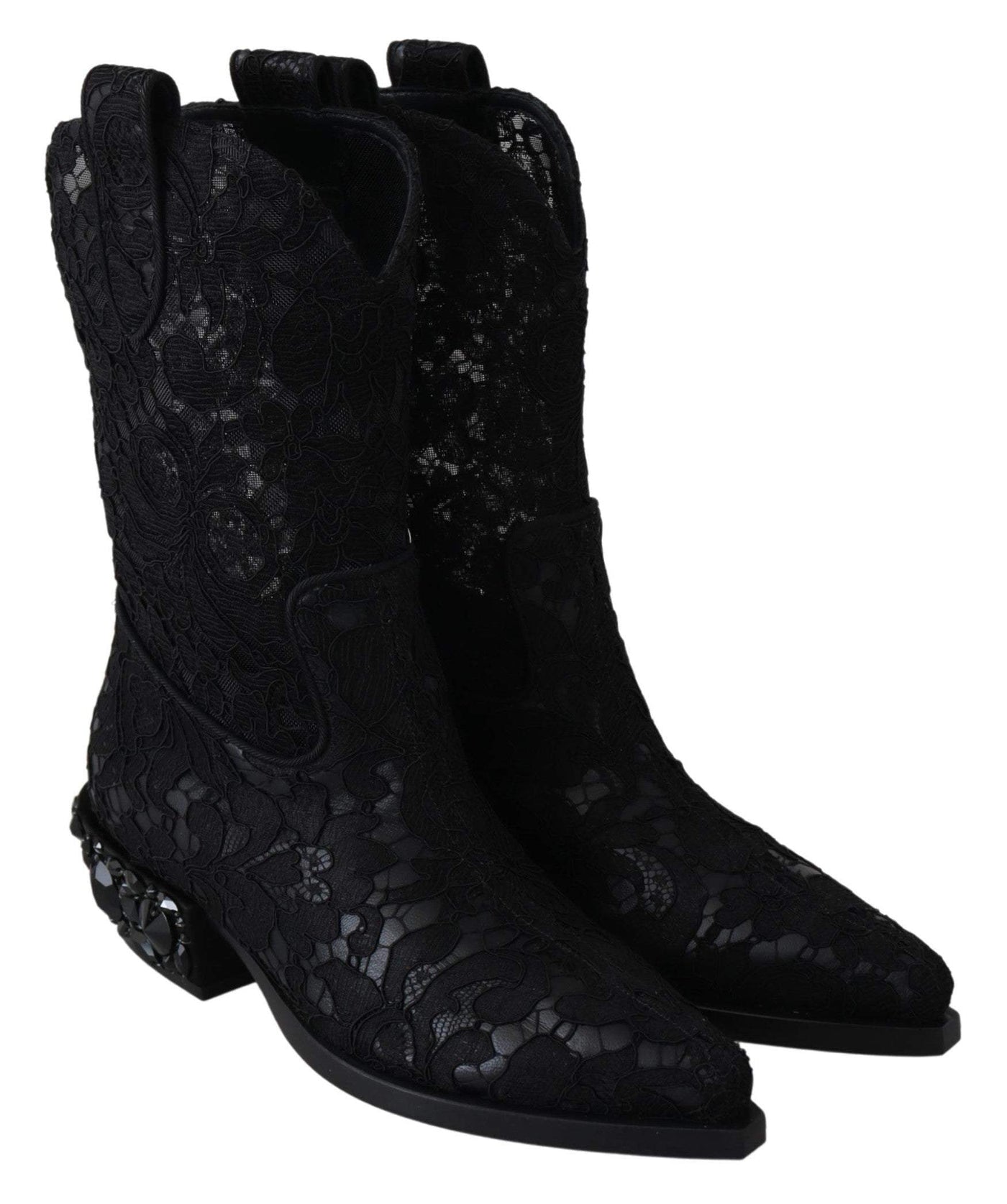 Dolce & Gabbana Black Lace Taormina Ankle Cowboy Crystal Shoes #women, Black, Boots - Women - Shoes, Dolce & Gabbana, EU35/US4.5, feed-agegroup-adult, feed-color-Black, feed-gender-female, Shoes - New Arrivals at SEYMAYKA