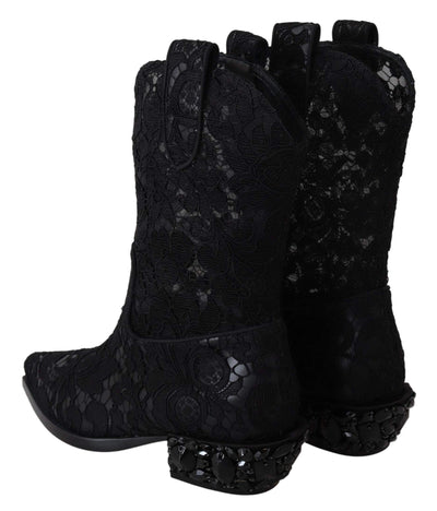Dolce & Gabbana Black Lace Taormina Ankle Cowboy Crystal Shoes #women, Black, Boots - Women - Shoes, Dolce & Gabbana, EU35/US4.5, feed-agegroup-adult, feed-color-Black, feed-gender-female, Shoes - New Arrivals at SEYMAYKA