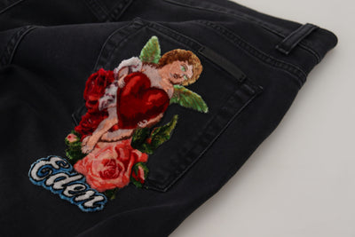 Dolce & Gabbana Black Cotton Patch Embroidery Denim Jeans
