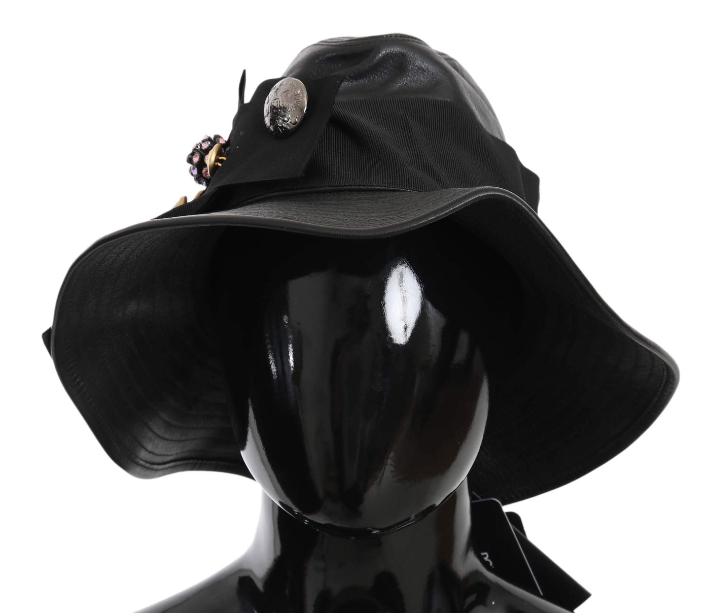 Dolce & Gabbana  Black Leather DG Coin Crystal Wide Brim Hat #women, 56 cm|XS, 58 cm|M, Accessories - New Arrivals, Black, Brand_Dolce & Gabbana, Catch, Dolce & Gabbana, feed-agegroup-adult, feed-color-black, feed-gender-female, feed-size-56 cm|XS, Gender_Women, Hats - Women - Accessories, Kogan at SEYMAYKA
