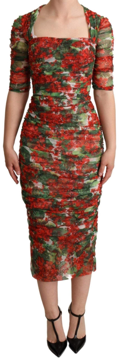 Dolce & Gabbana Red Floral Print Tulle Sheath Midi Dress Dolce & Gabbana, Dresses - Women - Clothing, feed-agegroup-adult, feed-color-Red, feed-gender-female, IT36 | XS, Red at SEYMAYKA