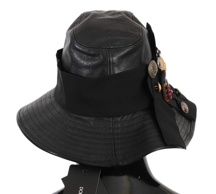Dolce & Gabbana  Black Leather DG Coin Crystal Wide Brim Hat #women, 56 cm|XS, 58 cm|M, Accessories - New Arrivals, Black, Brand_Dolce & Gabbana, Catch, Dolce & Gabbana, feed-agegroup-adult, feed-color-black, feed-gender-female, feed-size-56 cm|XS, Gender_Women, Hats - Women - Accessories, Kogan at SEYMAYKA