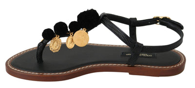 Dolce & Gabbana Black Leather Coins Flip Flops Sandals Shoes #women, Black, Brand_Dolce & Gabbana, Catch, Category_Shoes, Dolce & Gabbana, EU35.5/US5, EU35/US4.5, EU37.5/US7, EU37/US6.5, EU39.5/US9, EU40.5/US10, EU41/US10.5, feed-agegroup-adult, feed-color-black, feed-gender-female, feed-size-US10, feed-size-US10.5, feed-size-US4.5, feed-size-US5, feed-size-US6.5, feed-size-US9, Flat Shoes - Women - Shoes, Gender_Women, Kogan, Shoes - New Arrivals at SEYMAYKA