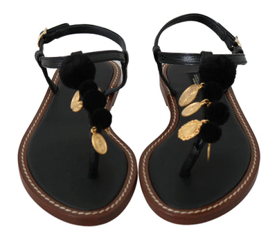 Dolce & Gabbana Black Leather Coins Flip Flops Sandals Shoes #women, Black, Brand_Dolce & Gabbana, Catch, Category_Shoes, Dolce & Gabbana, EU35.5/US5, EU35/US4.5, EU37.5/US7, EU37/US6.5, EU39.5/US9, EU40.5/US10, EU41/US10.5, feed-agegroup-adult, feed-color-black, feed-gender-female, feed-size-US10, feed-size-US10.5, feed-size-US4.5, feed-size-US5, feed-size-US6.5, feed-size-US9, Flat Shoes - Women - Shoes, Gender_Women, Kogan, Shoes - New Arrivals at SEYMAYKA