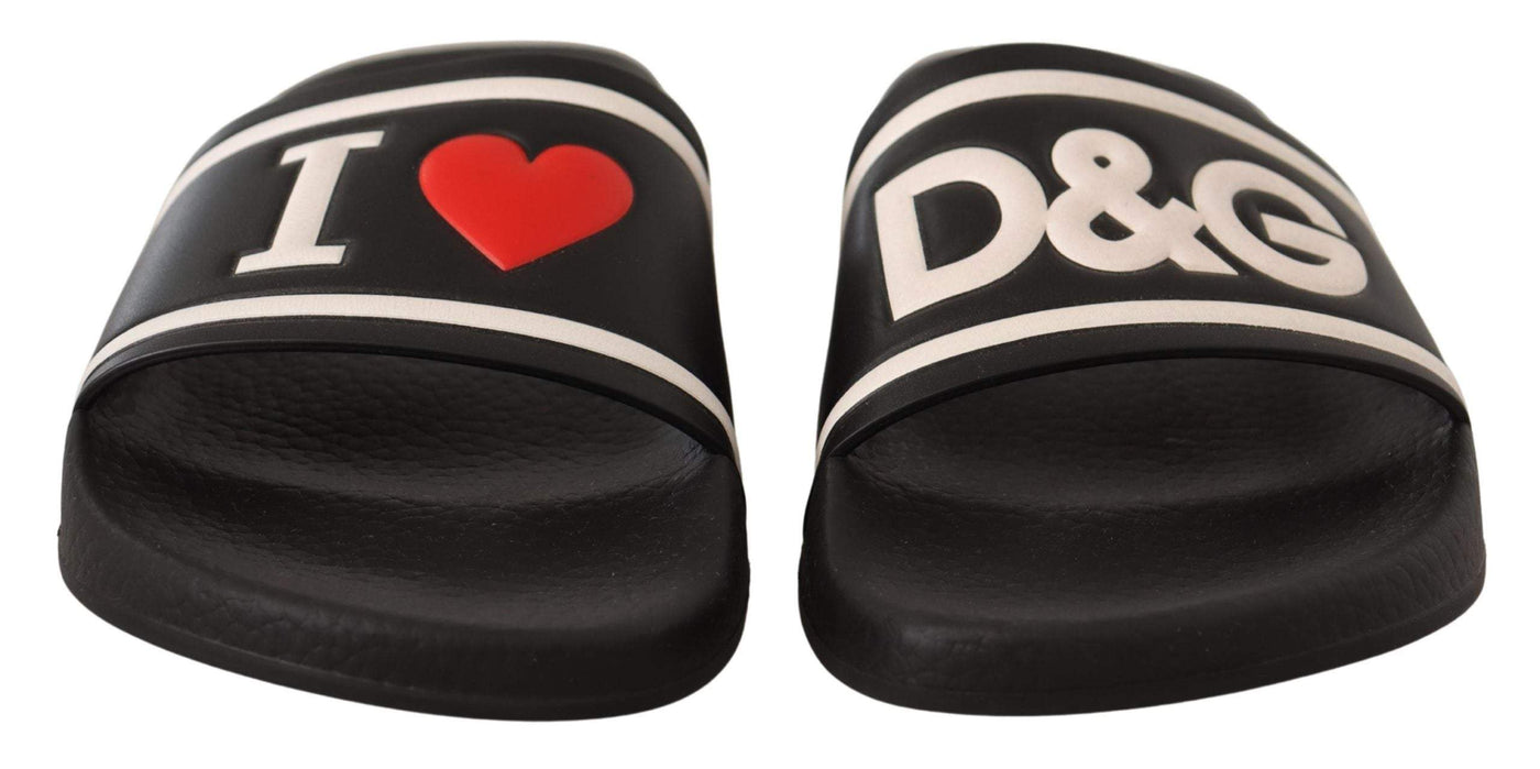 Dolce & Gabbana Black Leather I Love D&G Slides Sandals Black, Dolce & Gabbana, EU35/US4.5, EU36/US5.5, feed-1, Sandals - Women - Shoes at SEYMAYKA