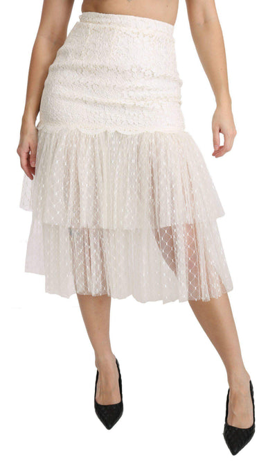 Dolce & Gabbana  White Lace Layered High Waist Midi Cotton  Skirt #women, Brand_Dolce & Gabbana, Catch, Dolce & Gabbana, feed-agegroup-adult, feed-color-white, feed-gender-female, feed-size-IT40|S, Gender_Women, IT40|S, Kogan, Skirts - Women - Clothing, White, Women - New Arrivals at SEYMAYKA