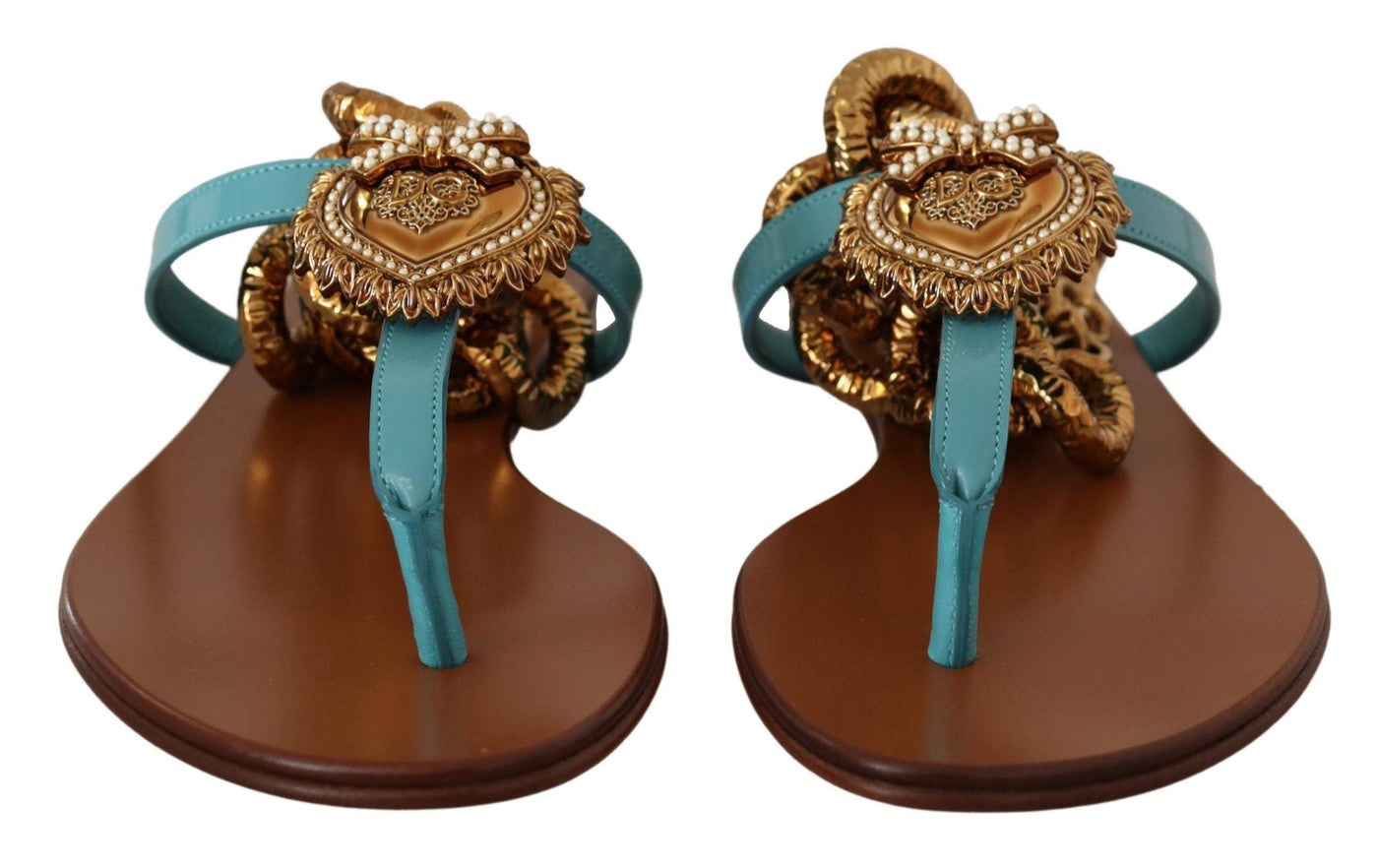 Dolce & Gabbana Blue Leather Devotion Flats Sandals Blue, Dolce & Gabbana, EU39/US8.5, EU40/US9.5, feed-1, Flat Shoes - Women - Shoes at SEYMAYKA